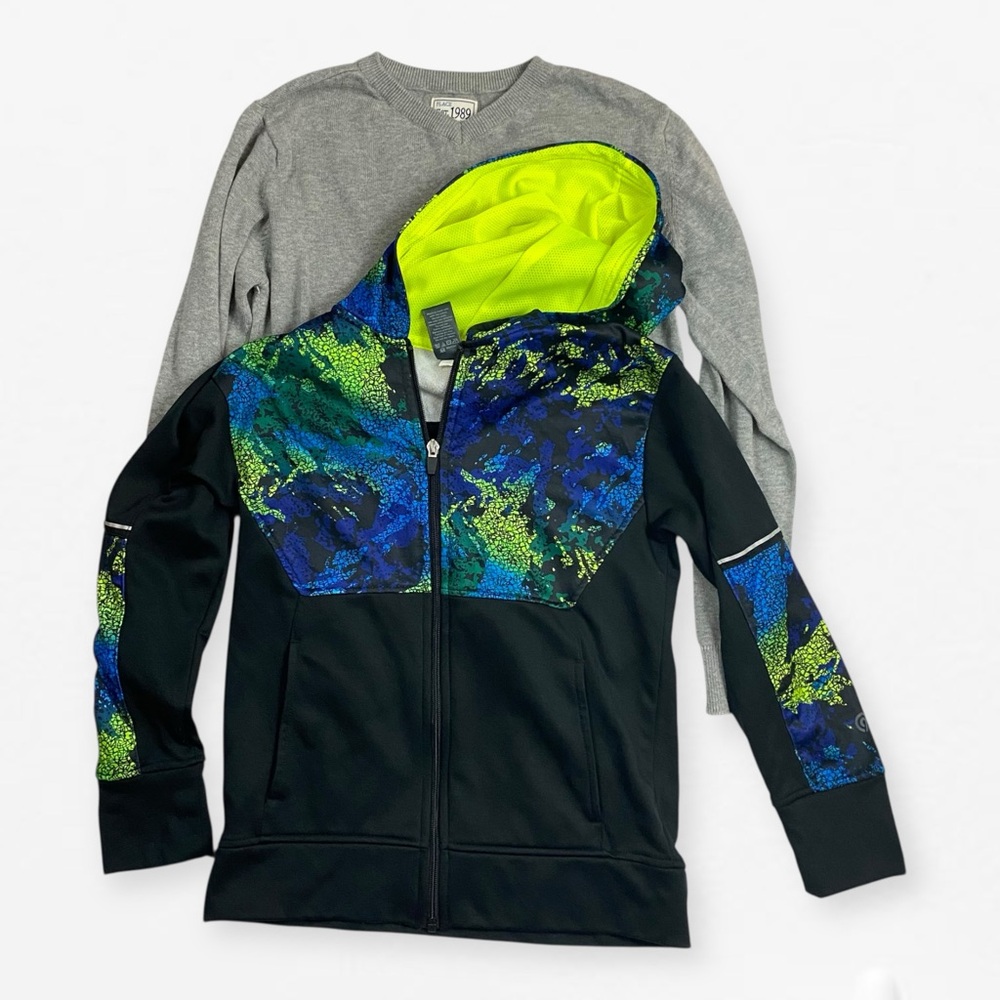 Boys Youth champion Place Black and Blue Kids Hoodie and gray crew neck sweater